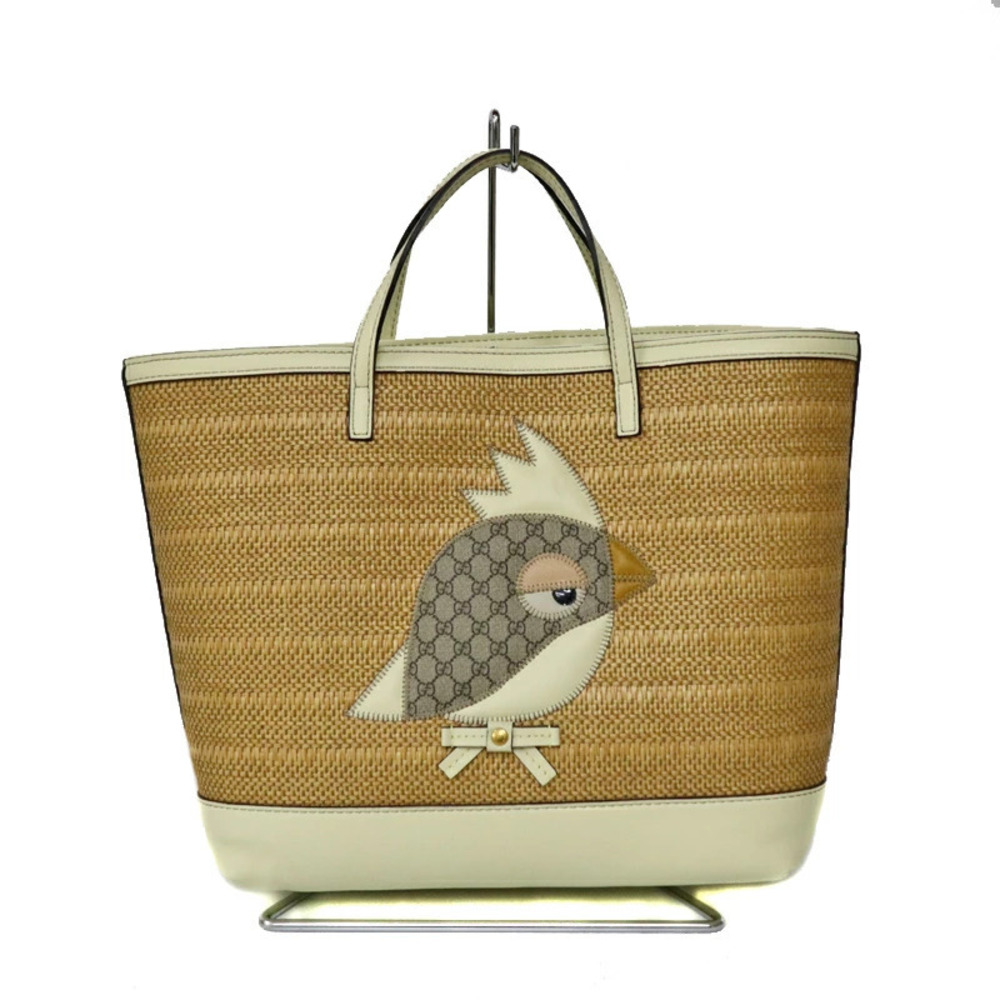 GUCCI Papagallo Handbag Straw Tan Leather GG Collection Yellow Brown